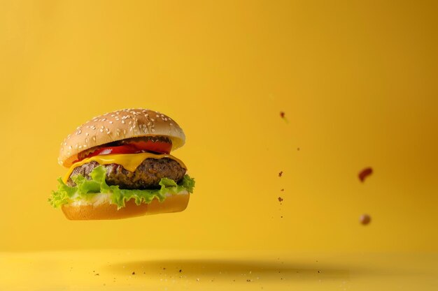 Zdjęcie cheeseburger lata na żółtym tle z kawałkami smażonej cebuli latającymi w pobliżu