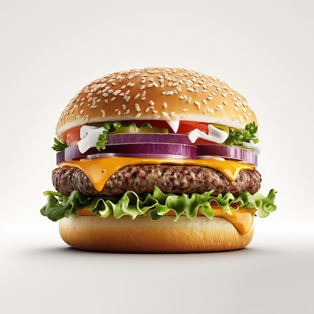 Cheeseburger wyizolowanych na bia?ym tle Burger ?wie?ych fastfood z serem wo?owym i cebul?