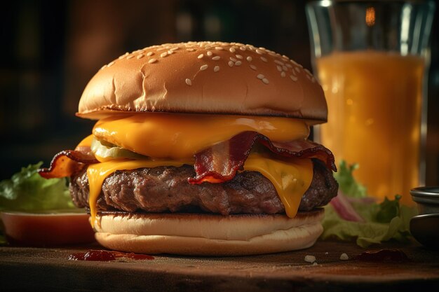 Cheeseburger z bekonem stoi obok szklanki piwa.