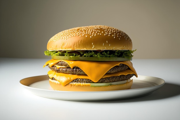 Cheeseburger z bliska na białym talerzu