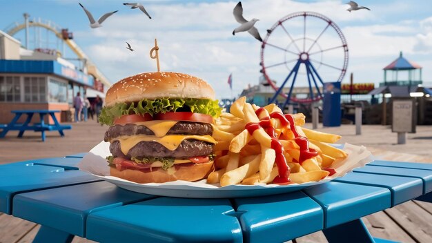 Zdjęcie cheeseburger z frytkami, ketchupem i majonezem na pokładzie.