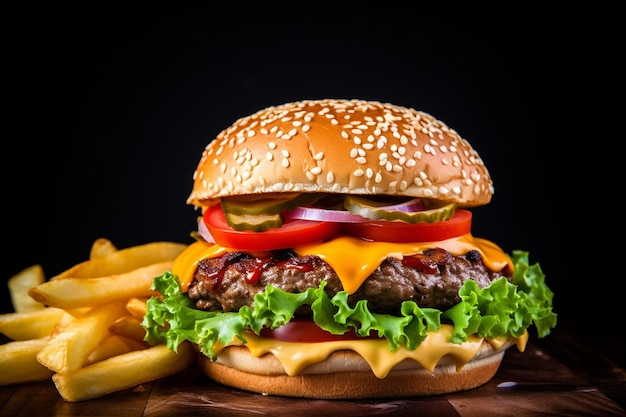 Cheeseburger z frytkami, sałatką i ketchupem leżący na s