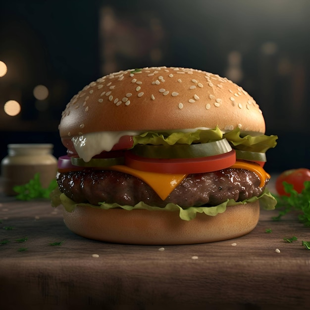 Zdjęcie cheeseburger z pasztecikiem wołowym i świeżymi warzywami na drewnianym stole