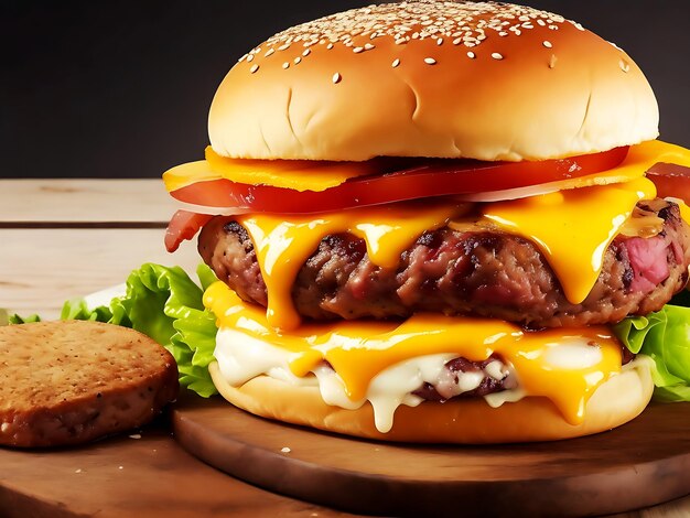 Cheeseburger z pomidorami, sałatką i ogórkami na drewnianej talerzu