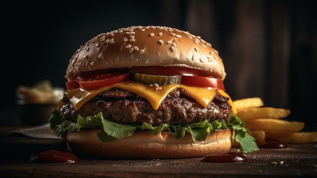 Cheeseburger z sałatą pomidor cebula Burger fast food z serem i frytkami Generative AI