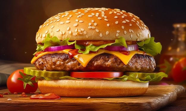 Cheeseburger z sałatą, pomidorem, cebulą i ketchupem Generative AI