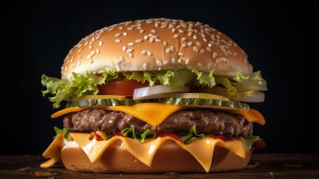 Cheeseburger z sałatą, pomidorem, cebulą i serem generatywnym AI