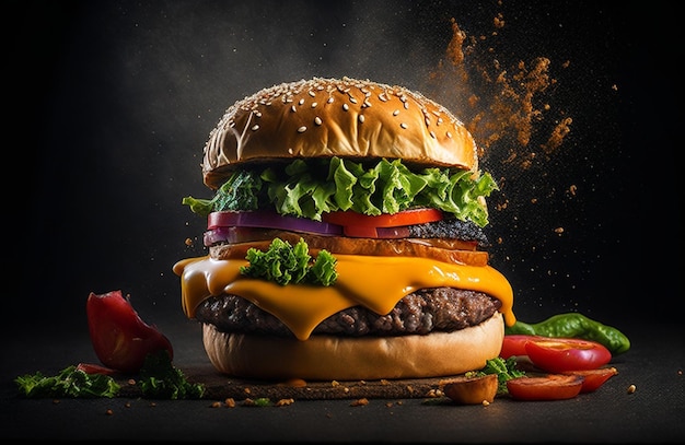 Cheeseburger z sałatą pomidorową i sałatą na nim