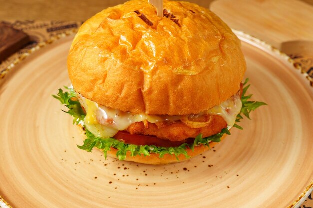 Cheeseburger z sałatką i różnymi dodatkami umieszczony na talerzu gotowy do spożycia