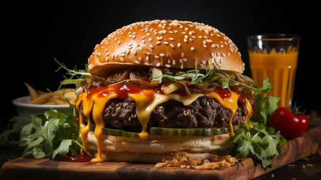 Zdjęcie cheeseburger z sałatką, pomidorem i serem.