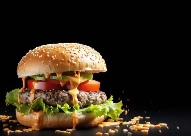 Cheeseburger z serem, pomidorem, cebulą i sałatą na czarnym tle Plakat do menu fast food Generative ai