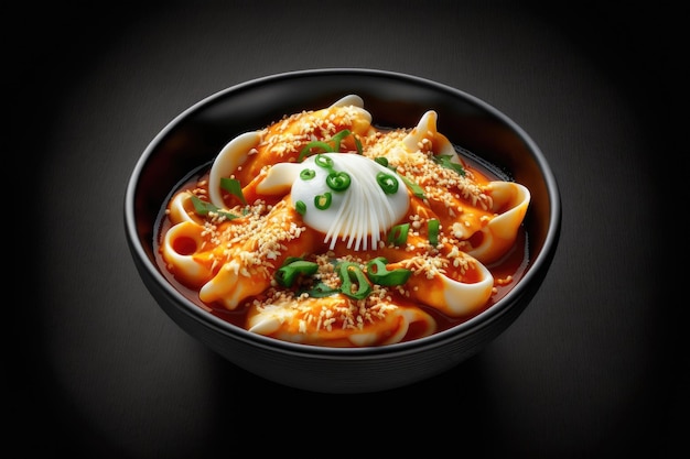 Cheesy Tokbokki koreańskie tradycyjne jedzenie na tle czarnej tablicy Obiad danie