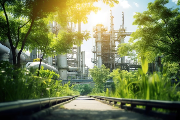 Chemiczny zakład przemysłowy otoczony zielonymi drzewami i niebieskim niebem w letni dzień