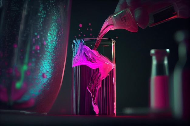 Chemik trzyma w ręku szklaną probówkę z różowym płynem i wylewa nowy odczynnik