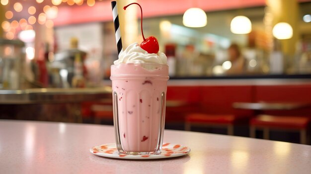 Cherry Milkshake w klasycznym amerykańskim Dinerze koncepcja fotografii żywności Generatywna sztuczna inteligencja