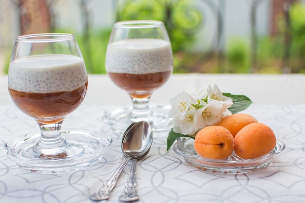 Chia Pudding. Zdrowa żywność z nasion chia i mleka roślinnego z puree ze świeżych owoców.