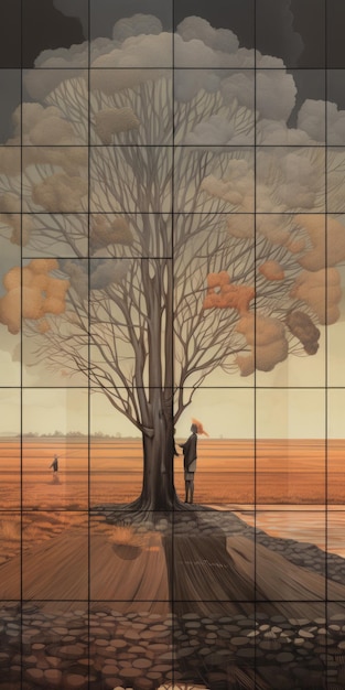 Chiaroscuro Tree Mural A Grid-based Perspective Rendering w stylu Petera Grica