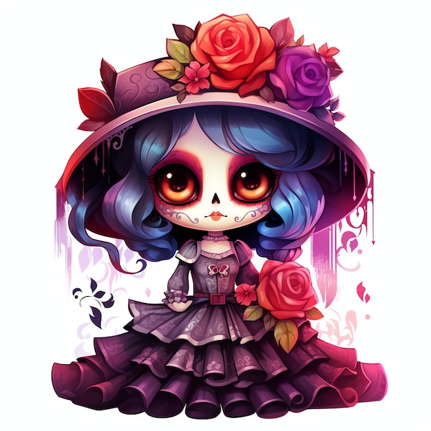 chibi catrina meksykańska dia de muertos akwarela dzień zmarłych