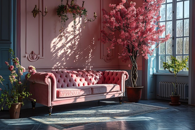 Chic salon ozdobiony różowymi kwiatami wiśni