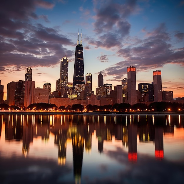 Chicago skyline dramatyczny zachód słońca w centrum miasta