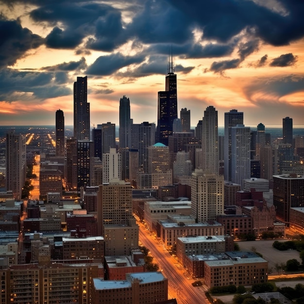 Chicago skyline dramatyczny zachód słońca w centrum miasta