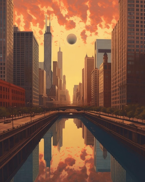 Zdjęcie chicago skyline dramatyczny zachód słońca w centrum miasta