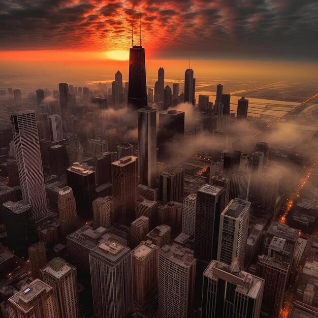 Zdjęcie chicago skyline dramatyczny zachód słońca w centrum miasta