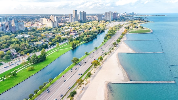 Chicago Skyline Dron Z Lotu Ptaka Z Góry Drapaczy Chmur W Centrum Chicago I Jeziora Michigan