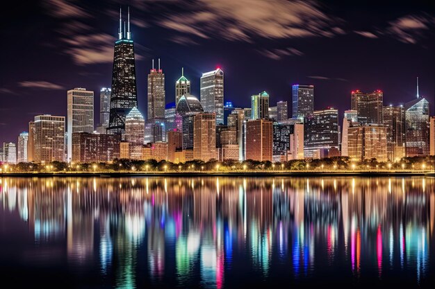 Chicago Skyline Świetliwy krajobraz miasta nad jeziorem Michigan z muzeum Tower i żywymi kolorami