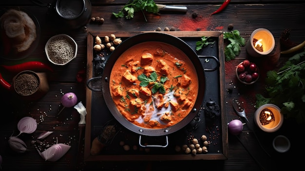 Chicken tikka masala danie składające się z pieczonych marynowanych kawałków kurczaka