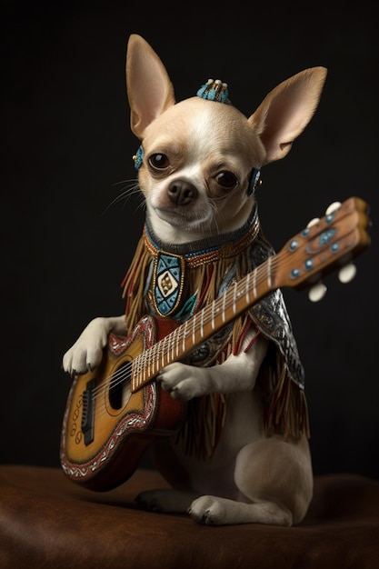 Chihuahua grająca na gitarze z kapeluszem.