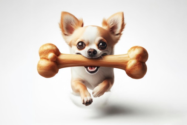 Chihuahua Pies biega z dużą kością w zębach na białym tle