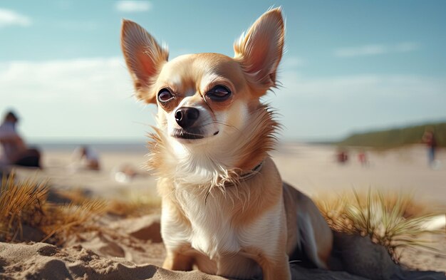 Chihuahua siedzi na plaży.