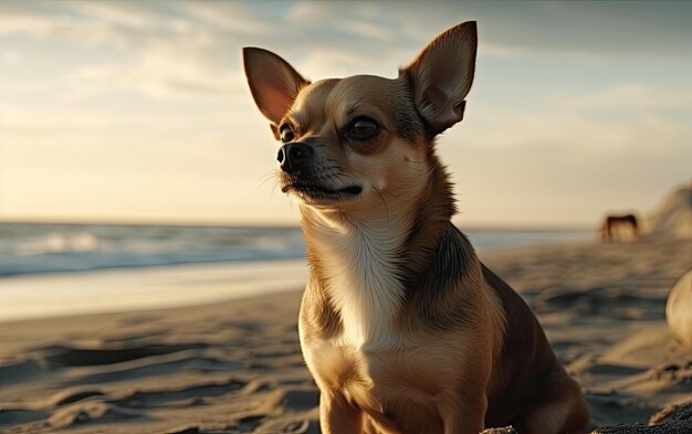 Chihuahua siedzi na plaży.