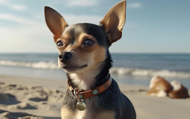 Chihuahua siedzi na plaży.