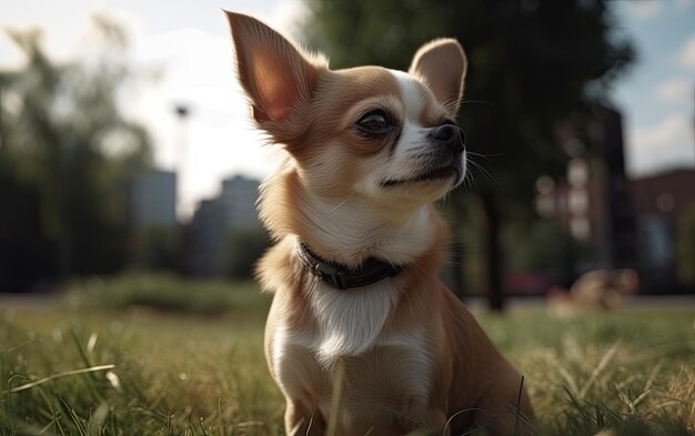 Chihuahua siedzi na trawie w parku.