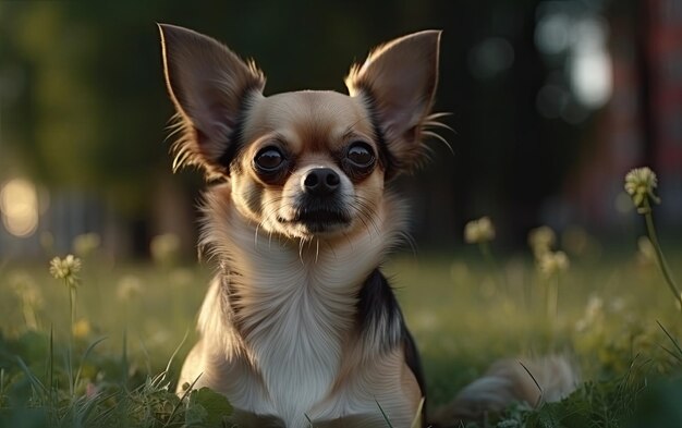 Chihuahua siedzi na trawie w parku.