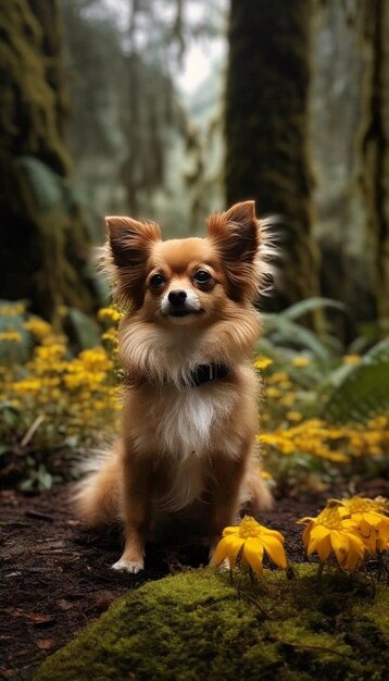 Chihuahua siedzi w lesie z żółtymi kwiatami.