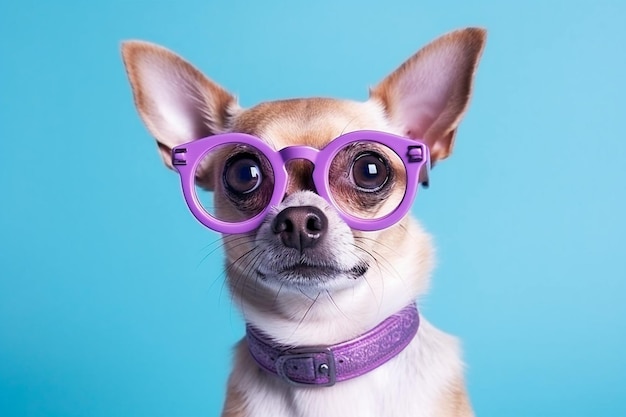 Chihuahua w okularach ma na sobie fioletowy kołnierz i purpurową obwódkę.
