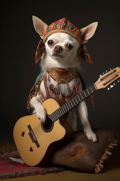 Chihuahua z gitarą siedzi na poduszce.