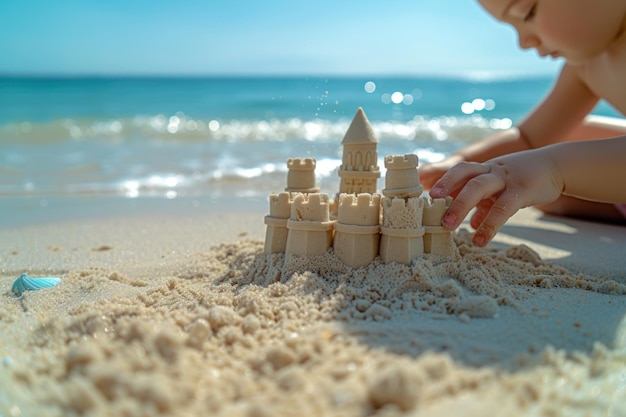 Childs Hands Crafting Sandcastle on Sunny Beach Szczegółowy widok dziecka, którego ręce skrupulatnie budują zamek piaszczysty na jasnej, słonecznej plaży