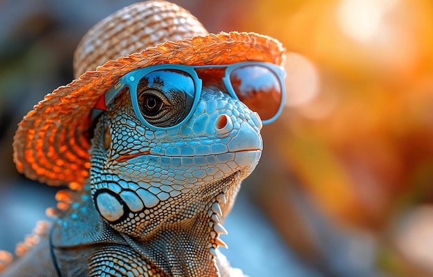 Zdjęcie chill iguana summer vibes z kapeluszem i cieniami