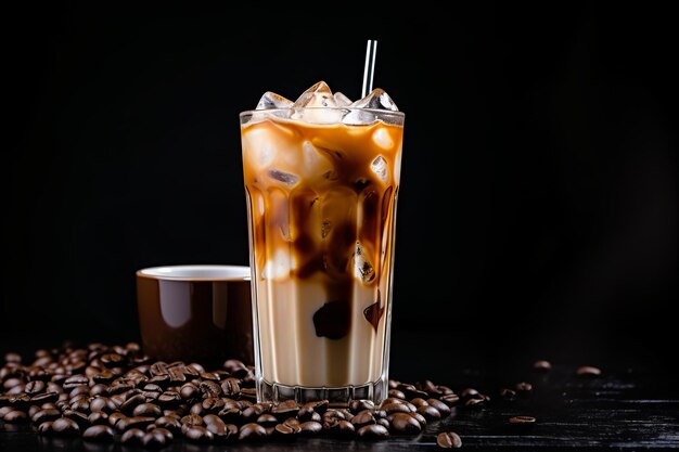 Chilled Delight Creamy Iced Coffee Refreshment Served on Rustic Wooden Table