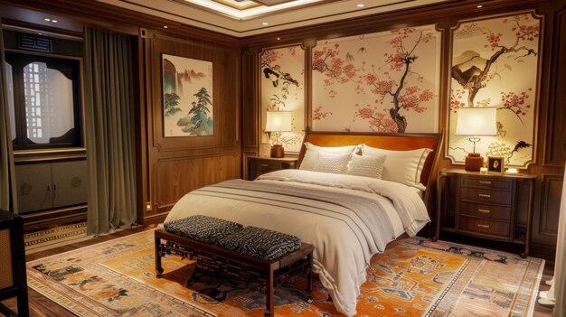 Chinoiserie-inspirowana sypialnia z dotykami francuskiego wpływu Art Nouveau tworząca przestrzeń zgodną z Feng Shui do relaksu i odmłodzenia