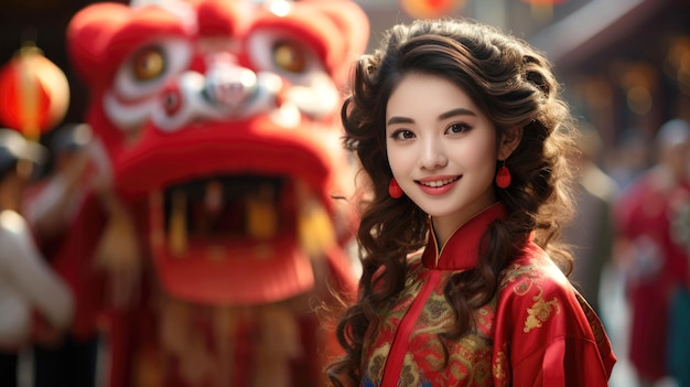 Chińska dziewczyna w czerwonym chińskim kostiumie przed chińskim lwem w chińskim nowym roku