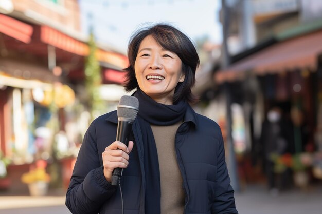 Chińska kobieta w średnim wieku na świeżym powietrzu jako reporterka z mikrofonem i wiadomościami