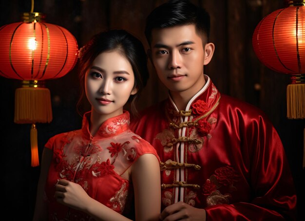 Chińska noworoczna para w chińskim stroju ślubnym i latarniach wygenerowana przez sztuczną inteligencję