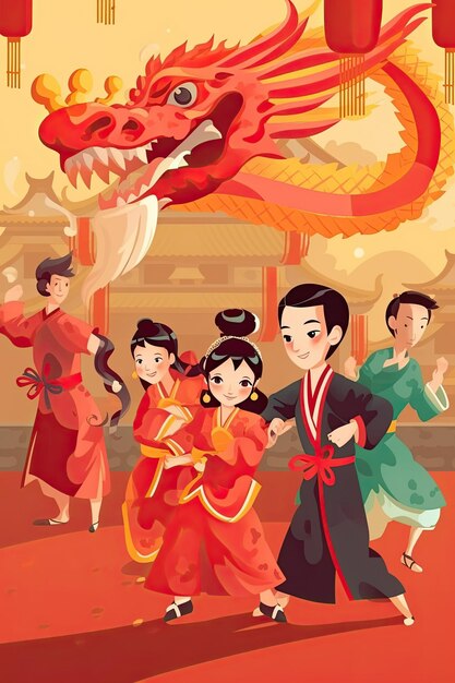 chińska noworoczna uroczystość kartka z chińskimi ludźmi dzieci i taniec smoka