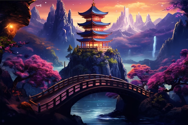 Zdjęcie chińska pagoda na górze z mostem