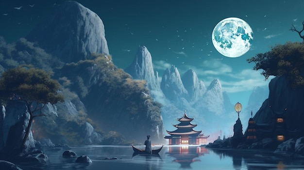 Chińska rzeka niektóre domy na brzegach niebo księżyc malarstwo sztuka generowana przez Ai